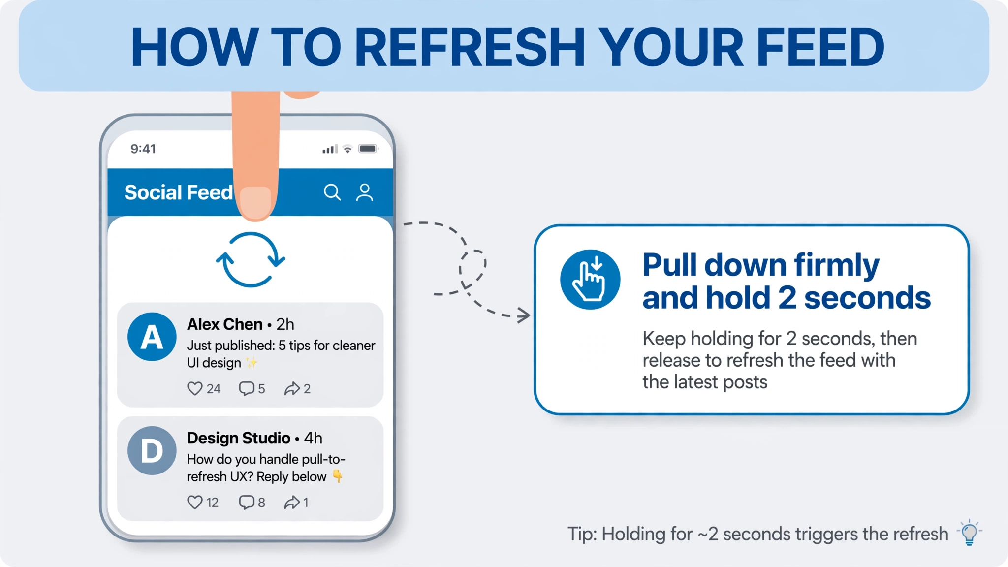 Pull down firmly on the LinkedIn feed and hold 2 seconds to force a refresh