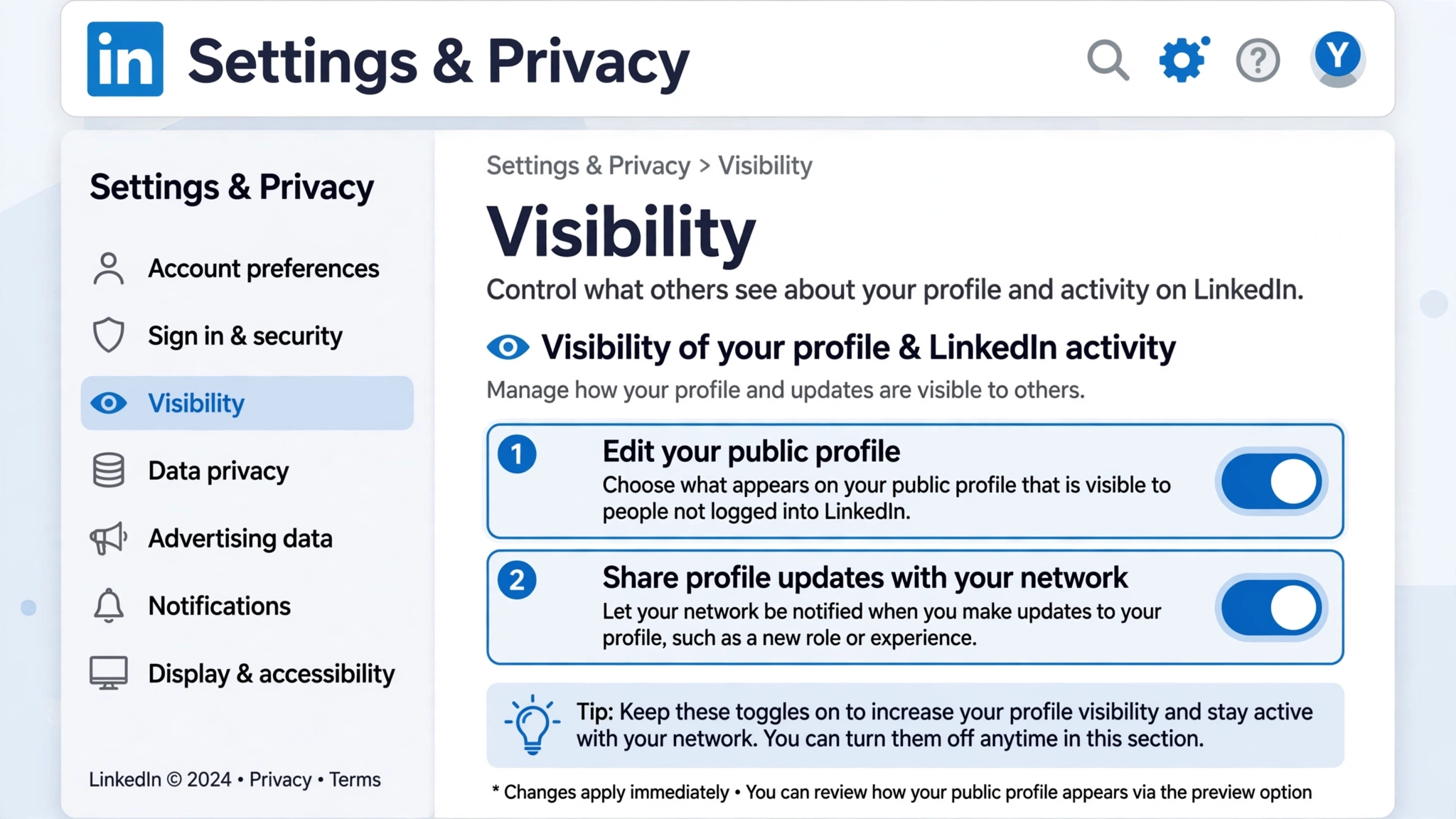 LinkedIn Settings and Privacy visibility toggles: edit your public profile and share profile updates with your network